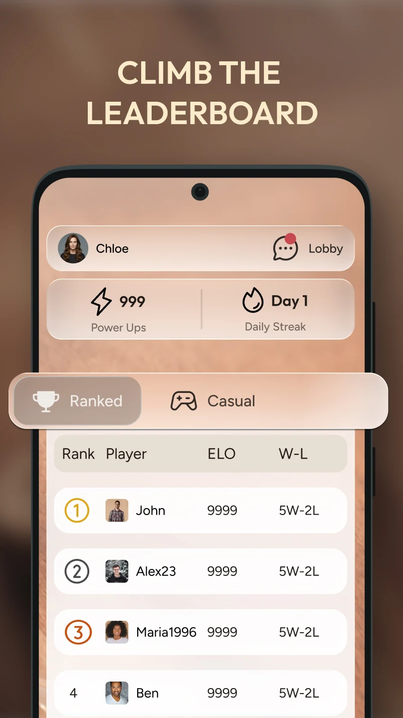 Clasament cu rating ELO și meciuri clasate în aplicația de table pentru iOS