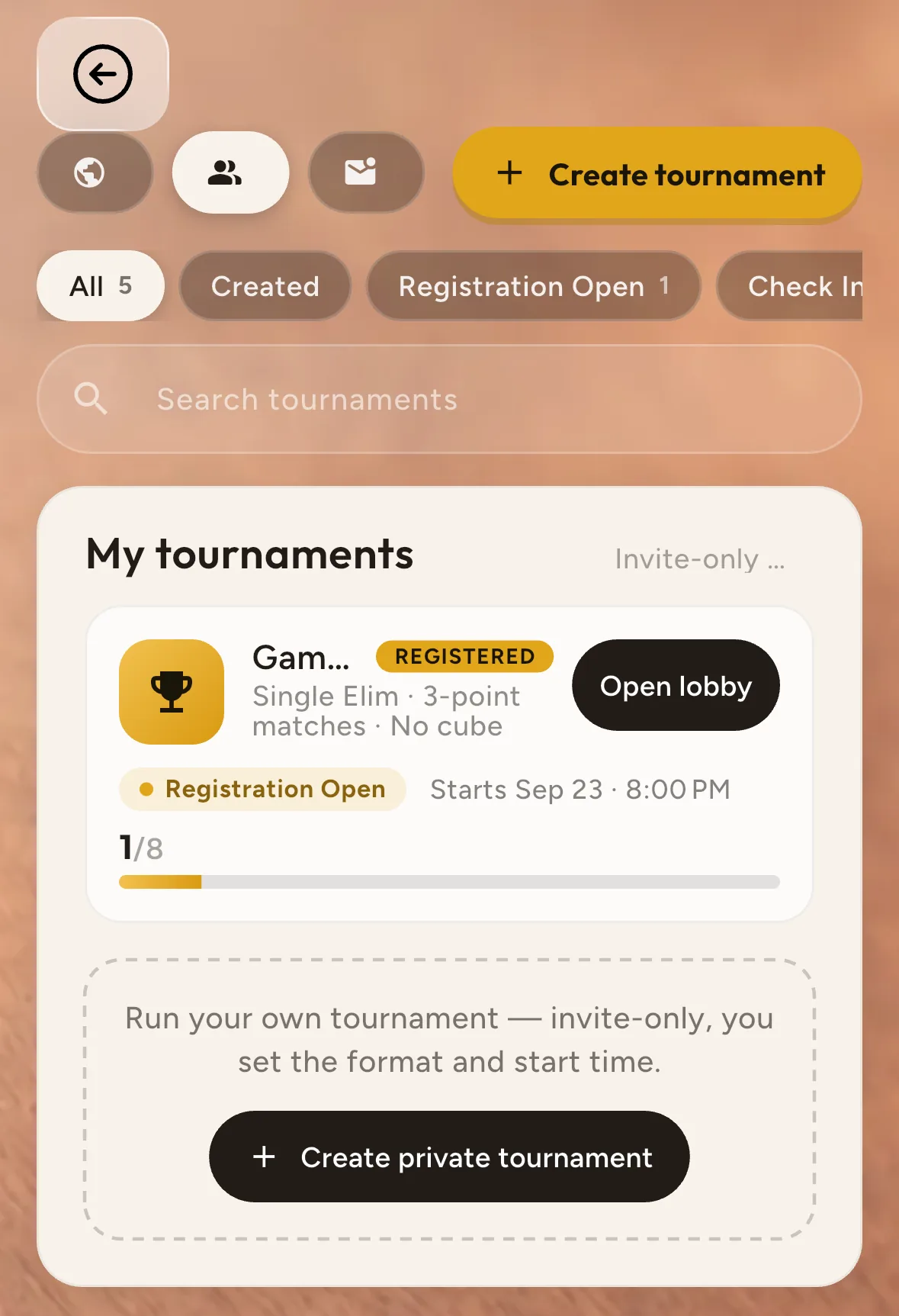 Lista „My tournaments” din Table42, cu un turneu privat de table și butonul Create private tournament