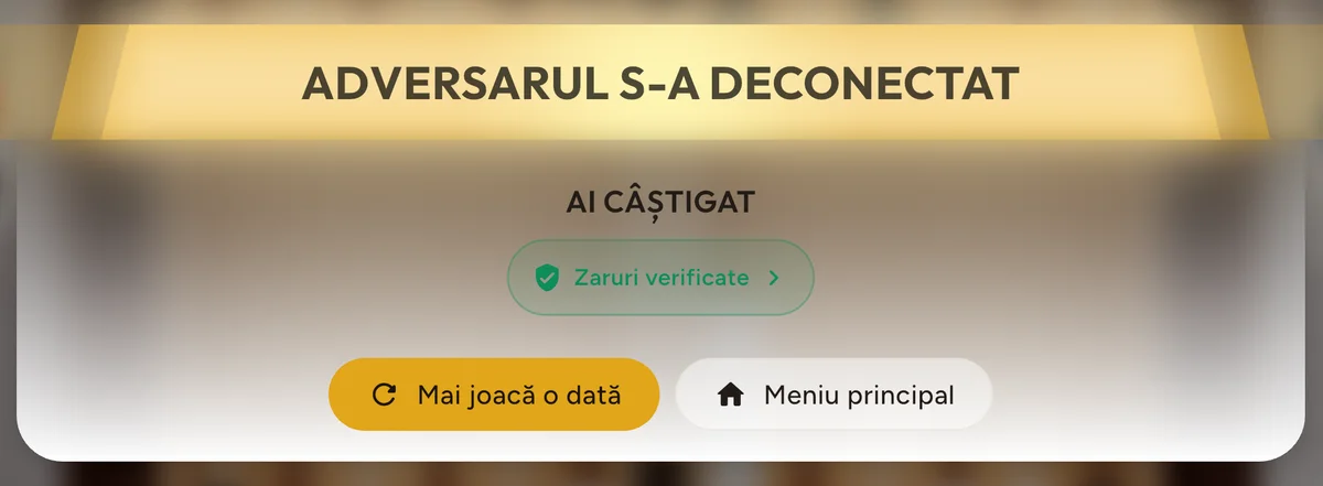 Ecranul cu rezultatul unei partide online în Table42, cu insigna Zaruri verificate